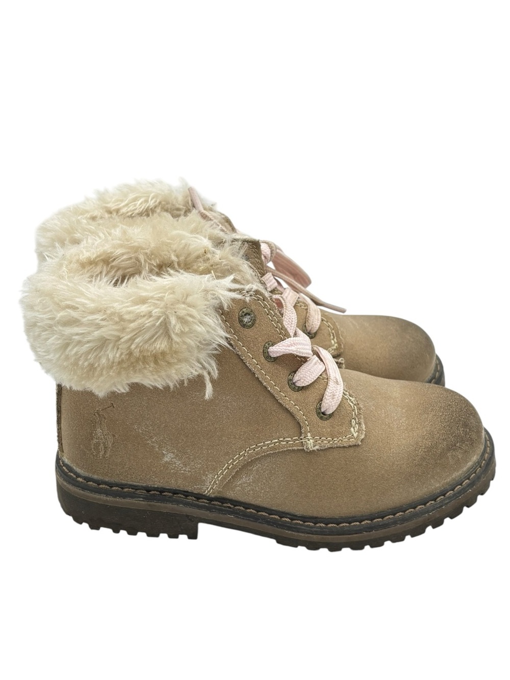 POLO RALPH LAUREN Girls Burnley Tan Suede Boots Sz 10 Faux Fur Trim & Pink Laces